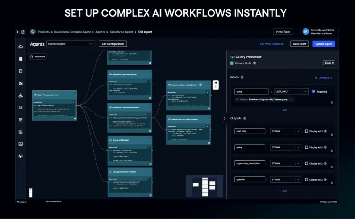 Abacus AI Review 2025 workflow automation interface with agents and query processor.