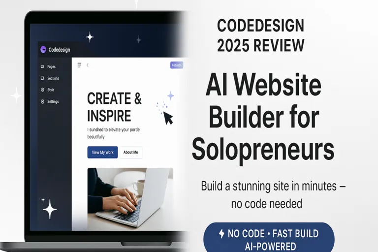 Codedesign AI platform review showcasing the Best No-Code AI Website Builder 2025 for solopreneurs.