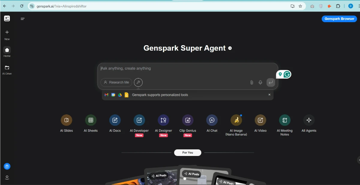 GenSpark AI Review 2025 – Dashboard view of Genspark Super Agent with AI tools for productivity.