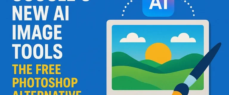 Promotional banner showcasing Google AI image tools as a free Photoshop alternative for editing and design.