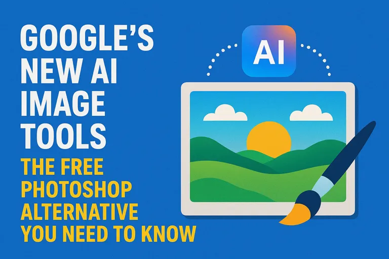 Promotional banner showcasing Google AI image tools as a free Photoshop alternative for editing and design.