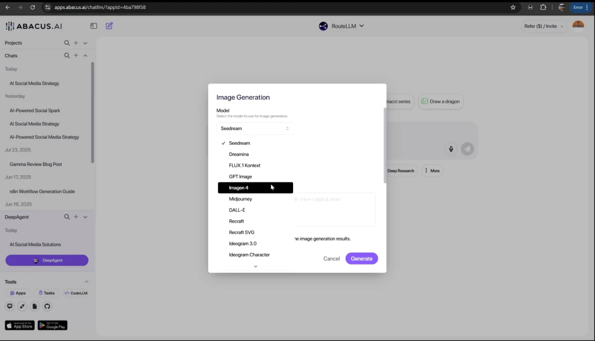 Abacus AI Review 2025 – Image Generation interface showing multiple AI model options like Seedream, GPT Image, Imagen 4, Midjourney, and DALL·E.