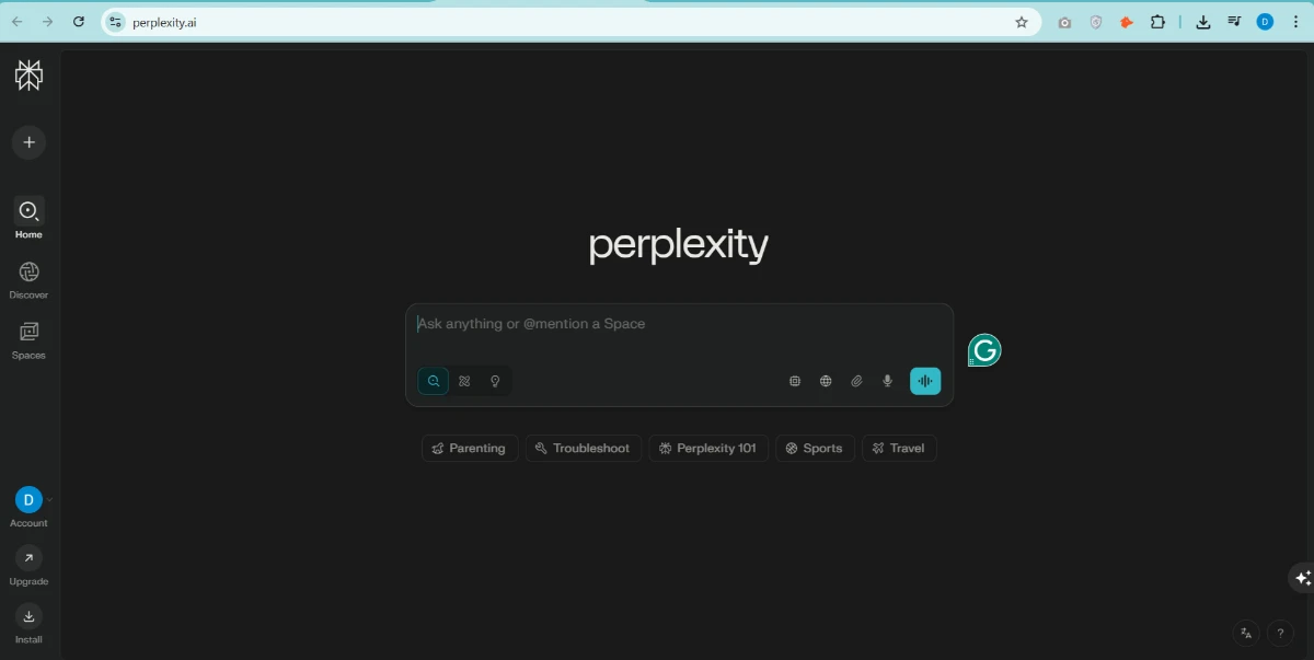 Perplexity AI SEO tools homepage interface with search and navigation options.