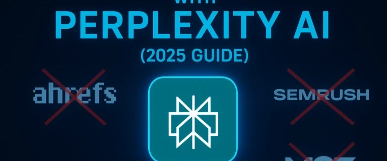 Modern digital featured image showing the title “Replace Expensive SEO Tools with Perplexity AI (2025 Guide)” with a glowing AI brain logo and faded logos of Ahrefs, SEMrush, and Moz, representing the power of Perplexity AI SEO tools.