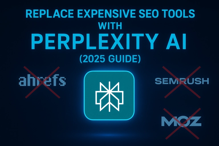 Modern digital featured image showing the title “Replace Expensive SEO Tools with Perplexity AI (2025 Guide)” with a glowing AI brain logo and faded logos of Ahrefs, SEMrush, and Moz, representing the power of Perplexity AI SEO tools.