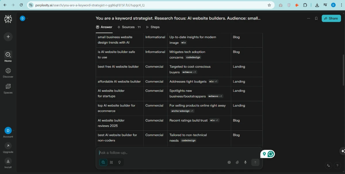 Perplexity AI SEO tools keyword research results for small business website design and AI website builders.