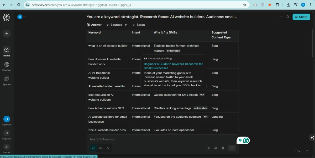 Perplexity AI SEO tools interface showing keyword strategy research for AI website builders.