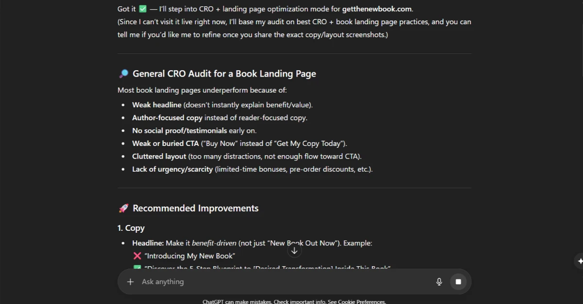 CRO audit insights for book landing pages highlighting ChatGPT-5 business applications in marketing optimization.